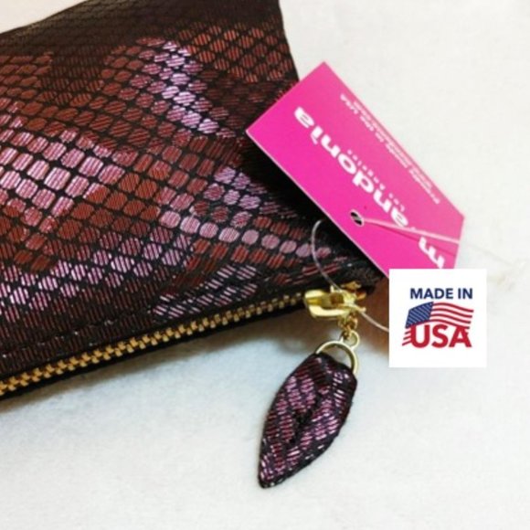 m. andonia Genuine Leather Mini Bag Pouch Grey Pink Red Metallic Zip Leaf Pull - Picture 6 of 11